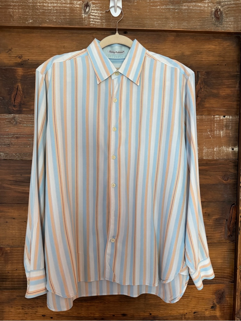 Tommy Bahama Light Blue & Tan Vertical Stripe Button-Down Shirt
